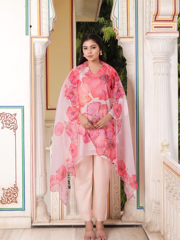 Ivory Placement print V neck Straight suit set with solid bottom & printed organza cut work dupatta set.