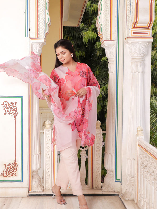 Ivory Placement print V neck Straight suit set with solid bottom & printed organza cut work dupatta set.