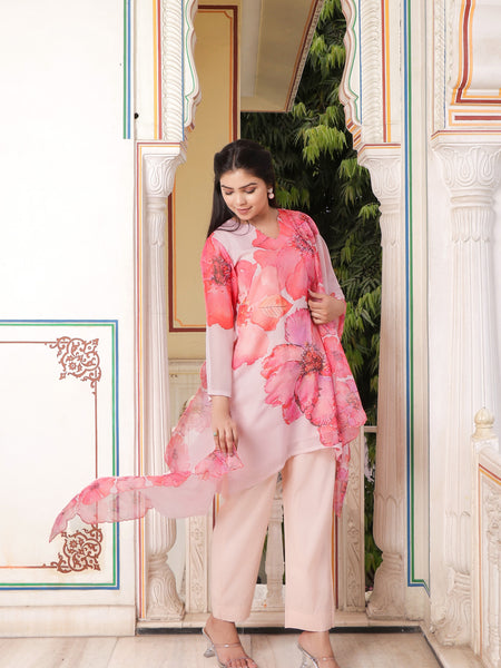 Ivory Placement print V neck Straight suit set with solid bottom & printed organza cut work dupatta set.