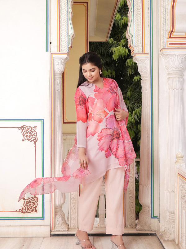 Ivory Placement print V neck Straight suit set with solid bottom & printed organza cut work dupatta set.