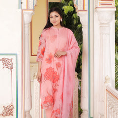 Pink Placement print Collar neck Straight suit set with solid bottom & printed organza cut work dupatta set.