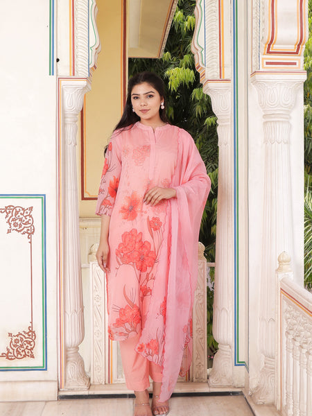 Pink Placement print Collar neck Straight suit set with solid bottom & printed organza cut work dupatta set.