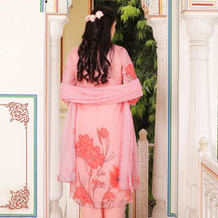 Pink Placement print Collar neck Straight suit set with solid bottom & printed organza cut work dupatta set.