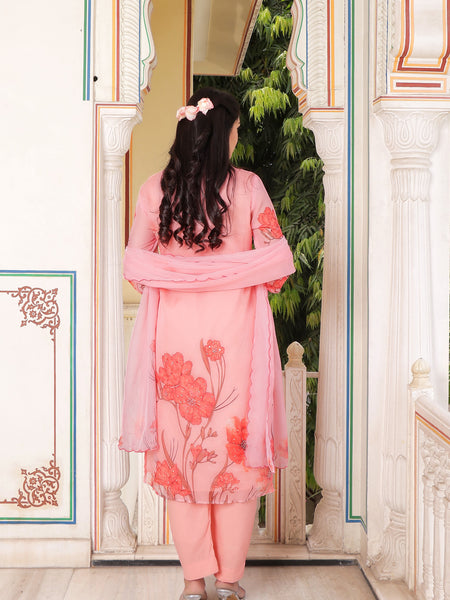 Pink Placement print Collar neck Straight suit set with solid bottom & printed organza cut work dupatta set.