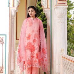 Pink Placement print Collar neck Straight suit set with solid bottom & printed organza cut work dupatta set.
