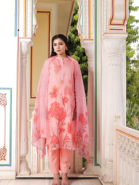 Pink Placement print Collar neck Straight suit set with solid bottom & printed organza cut work dupatta set.
