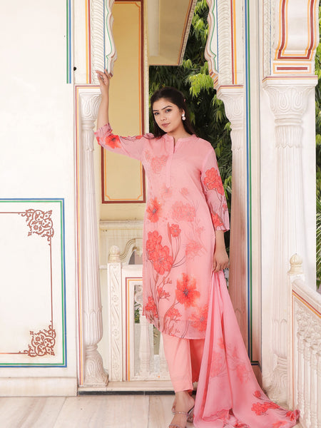Pink Placement print Collar neck Straight suit set with solid bottom & printed organza cut work dupatta set.