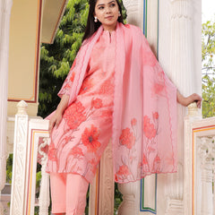 Pink Placement print Collar neck Straight suit set with solid bottom & printed organza cut work dupatta set.