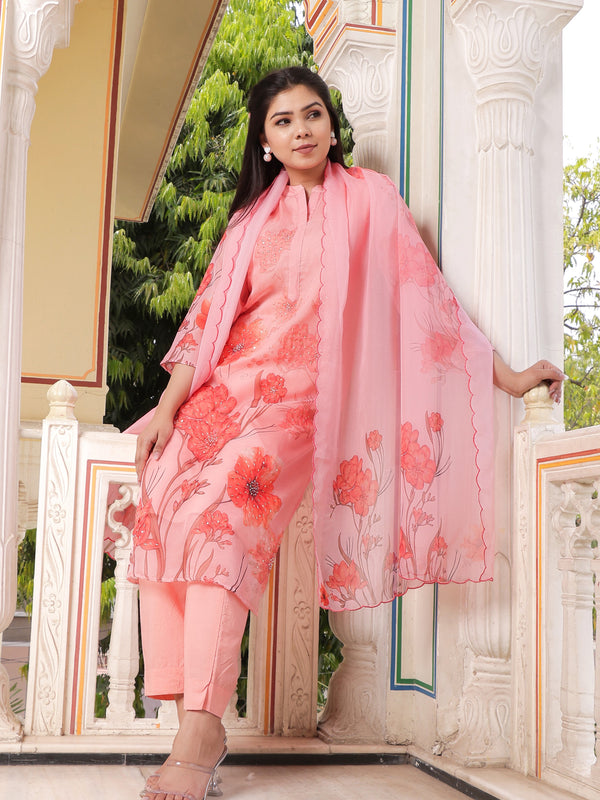 Pink Placement print Collar neck Straight suit set with solid bottom & printed organza cut work dupatta set.