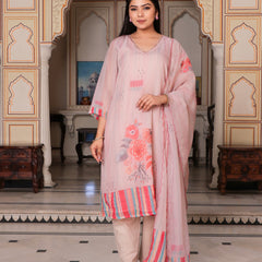 Beige Placement print V neck Straight suit set with solid bottom & printed organza cut work dupatta set.