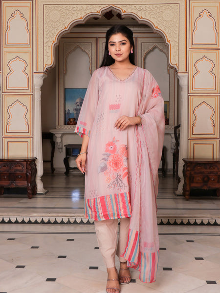 Beige Placement print V neck Straight suit set with solid bottom & printed organza cut work dupatta set.