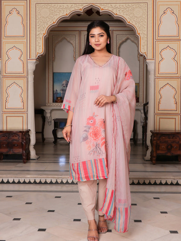 Beige Placement print V neck Straight suit set with solid bottom & printed organza cut work dupatta set.