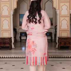 Beige Placement print V neck Straight suit set with solid bottom & printed organza cut work dupatta set.