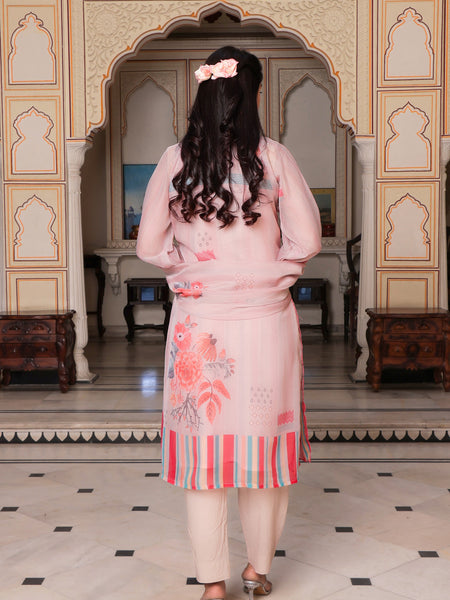Beige Placement print V neck Straight suit set with solid bottom & printed organza cut work dupatta set.