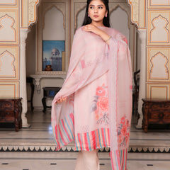 Beige Placement print V neck Straight suit set with solid bottom & printed organza cut work dupatta set.
