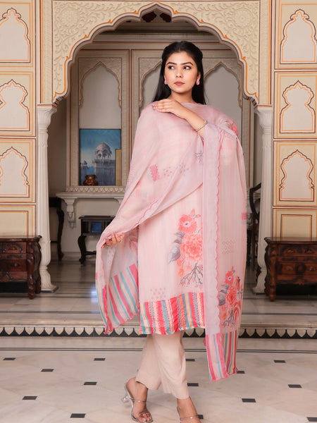 Beige Placement print V neck Straight suit set with solid bottom & printed organza cut work dupatta set.
