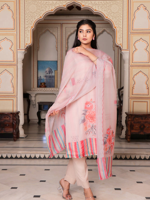 Beige Placement print V neck Straight suit set with solid bottom & printed organza cut work dupatta set.