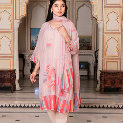 Beige Placement print V neck Straight suit set with solid bottom & printed organza cut work dupatta set.