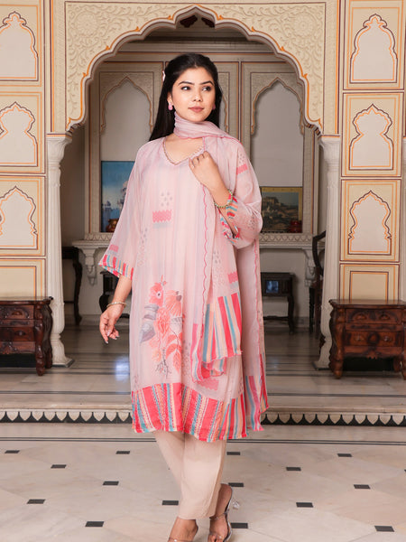 Beige Placement print V neck Straight suit set with solid bottom & printed organza cut work dupatta set.