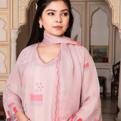 Beige Placement print V neck Straight suit set with solid bottom & printed organza cut work dupatta set.