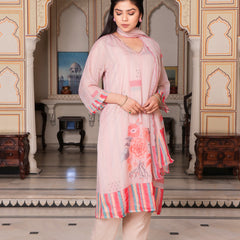 Beige Placement print V neck Straight suit set with solid bottom & printed organza cut work dupatta set.