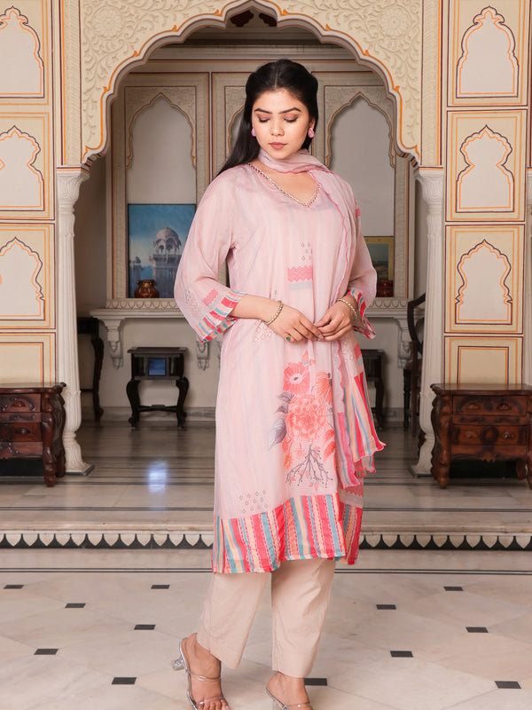 Beige Placement print V neck Straight suit set with solid bottom & printed organza cut work dupatta set.