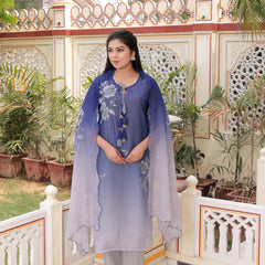 Ombre dual shade Placement print keyhole neckline Straight suit set with solid bottom & printed organza cut work dupatta set.