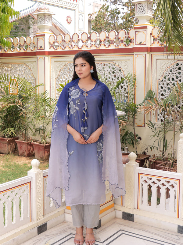 Ombre dual shade Placement print keyhole neckline Straight suit set with solid bottom & printed organza cut work dupatta set.