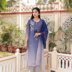 Ombre dual shade Placement print keyhole neckline Straight suit set with solid bottom & printed organza cut work dupatta set.