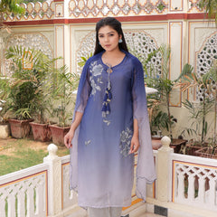 Ombre dual shade Placement print keyhole neckline Straight suit set with solid bottom & printed organza cut work dupatta set.
