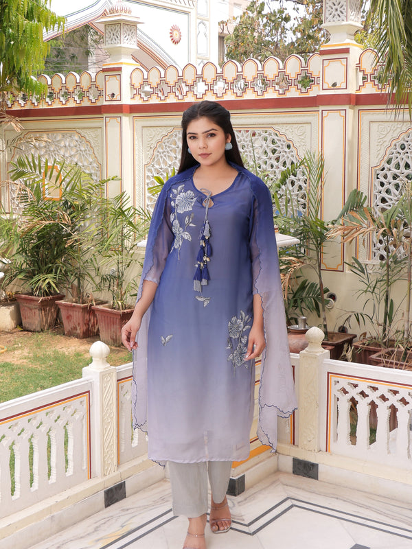 Ombre dual shade Placement print keyhole neckline Straight suit set with solid bottom & printed organza cut work dupatta set.