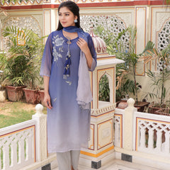 Ombre dual shade Placement print keyhole neckline Straight suit set with solid bottom & printed organza cut work dupatta set.