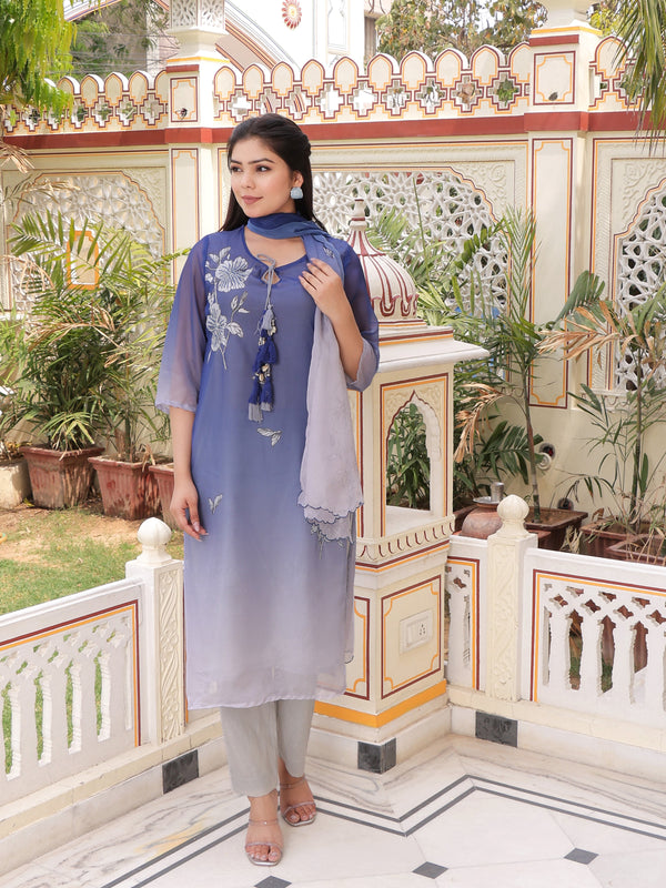 Ombre dual shade Placement print keyhole neckline Straight suit set with solid bottom & printed organza cut work dupatta set.