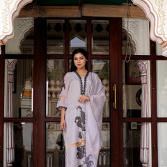 Grey laced Placement print V neck laced Straight suit set with solid bottom & printed organza cut work dupatta set.