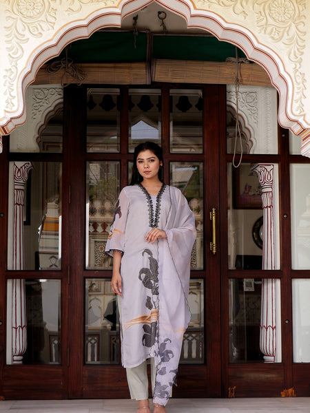Grey laced Placement print V neck laced Straight suit set with solid bottom & printed organza cut work dupatta set.