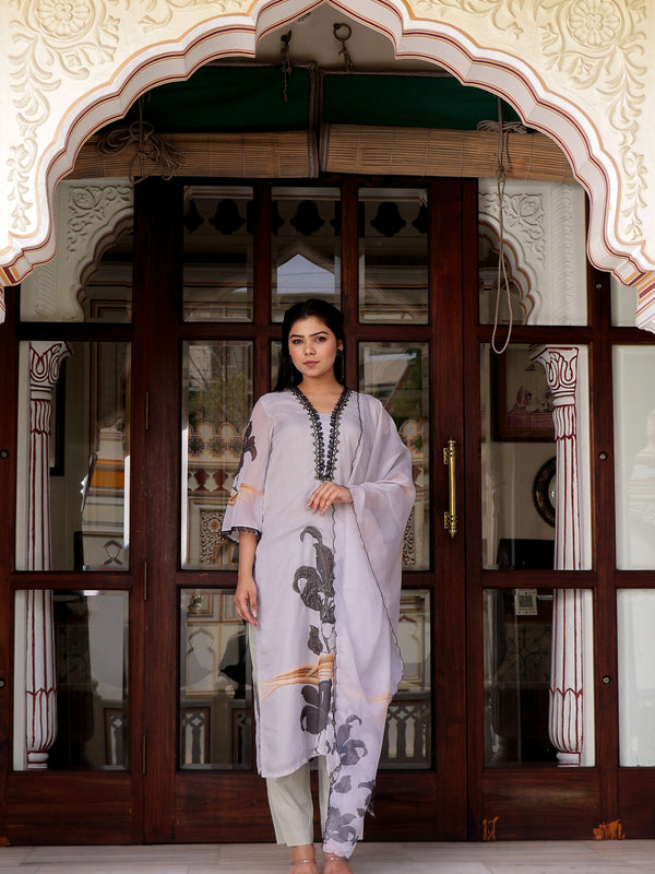 Grey laced Placement print V neck laced Straight suit set with solid bottom & printed organza cut work dupatta set.
