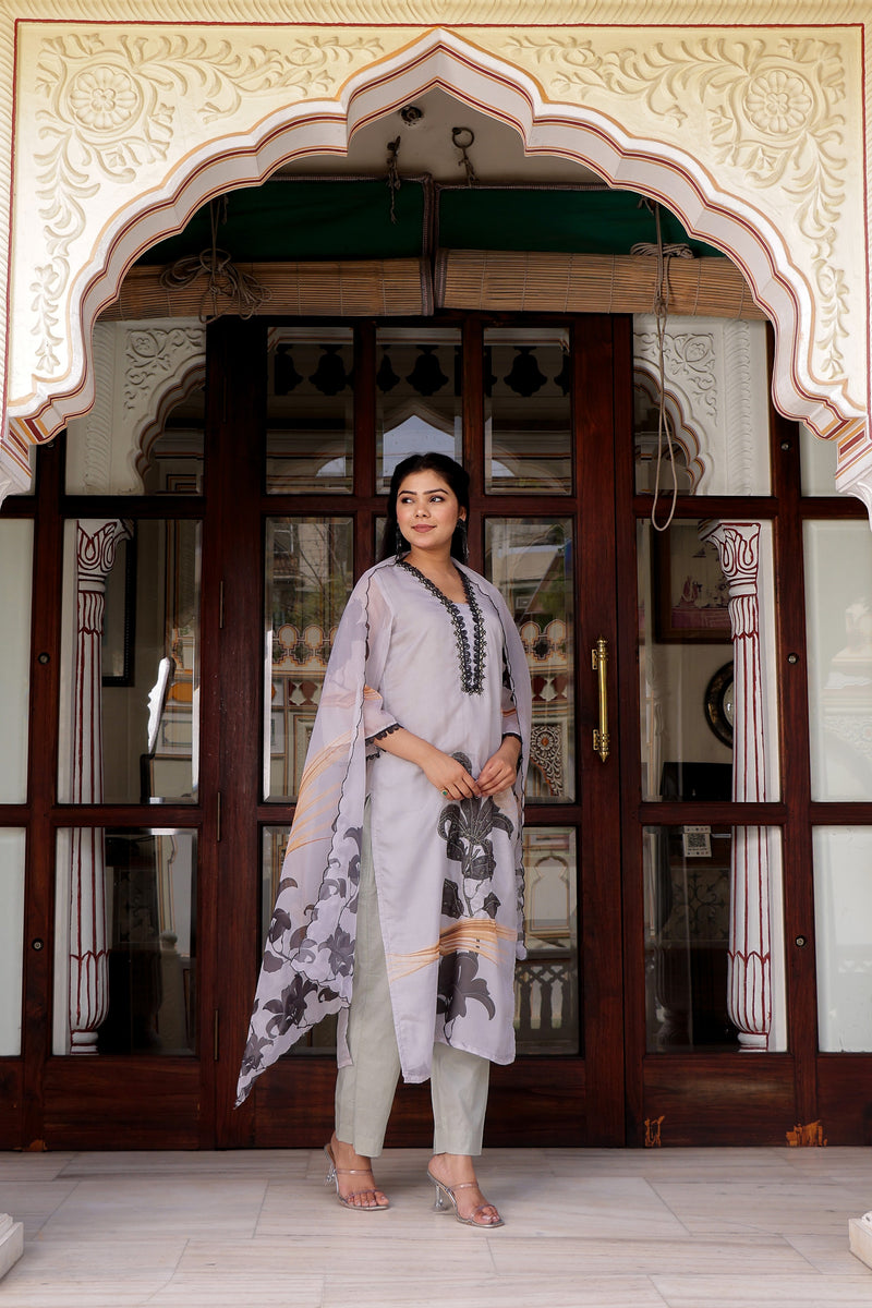 Grey laced Placement print V neck laced Straight suit set with solid bottom & printed organza cut work dupatta set.