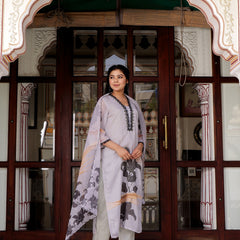 Grey laced Placement print V neck laced Straight suit set with solid bottom & printed organza cut work dupatta set.