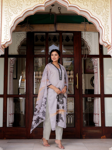 Grey laced Placement print V neck laced Straight suit set with solid bottom & printed organza cut work dupatta set.
