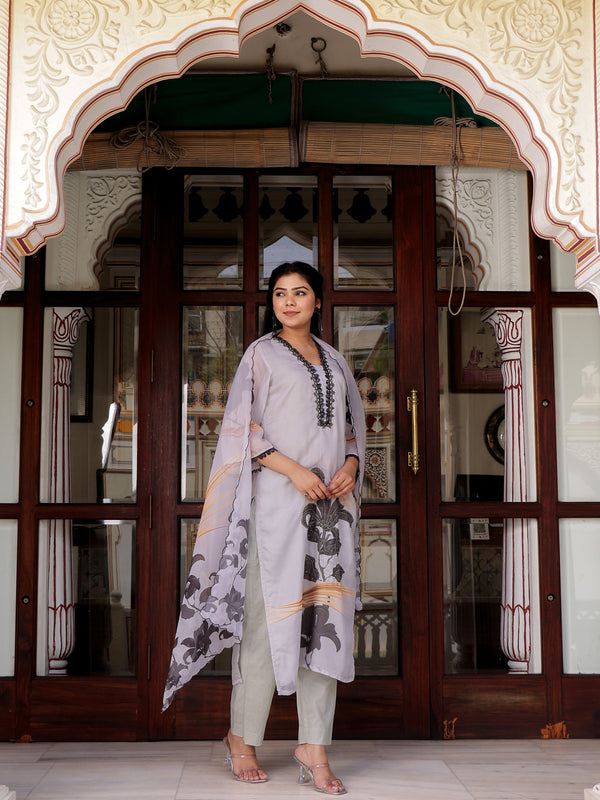 Grey laced Placement print V neck laced Straight suit set with solid bottom & printed organza cut work dupatta set.
