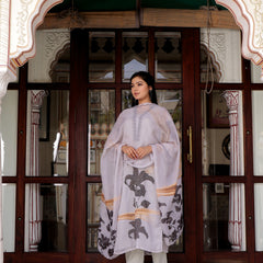 Grey laced Placement print V neck laced Straight suit set with solid bottom & printed organza cut work dupatta set.