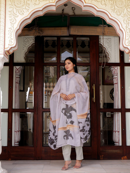 Grey laced Placement print V neck laced Straight suit set with solid bottom & printed organza cut work dupatta set.