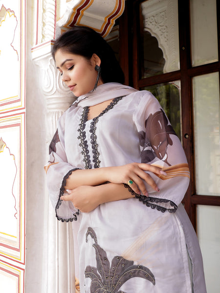 Grey laced Placement print V neck laced Straight suit set with solid bottom & printed organza cut work dupatta set.