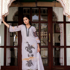 Grey laced Placement print V neck laced Straight suit set with solid bottom & printed organza cut work dupatta set.