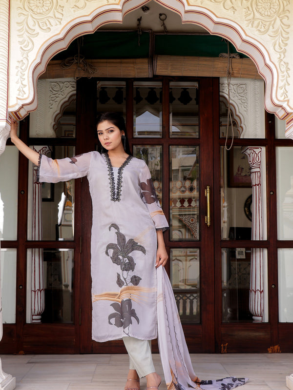 Grey laced Placement print V neck laced Straight suit set with solid bottom & printed organza cut work dupatta set.