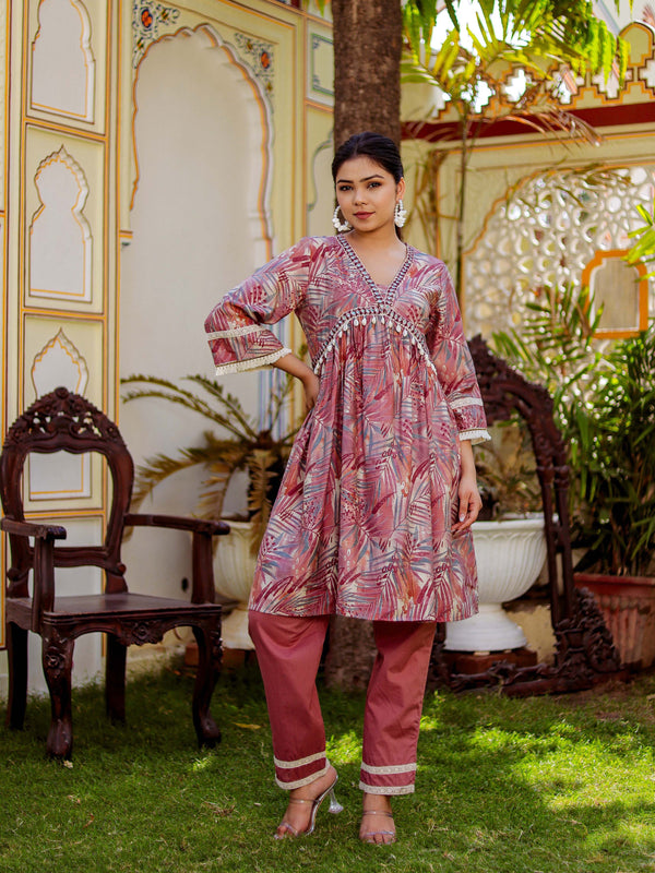 Alia cut Cord set with ebmroidered lace border & solid bottom with lace