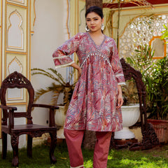 Alia cut Cord set with ebmroidered lace border & solid bottom with lace