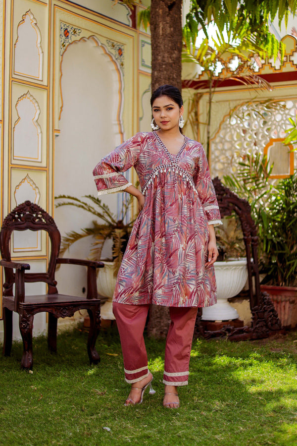 Alia cut Cord set with ebmroidered lace border & solid bottom with lace