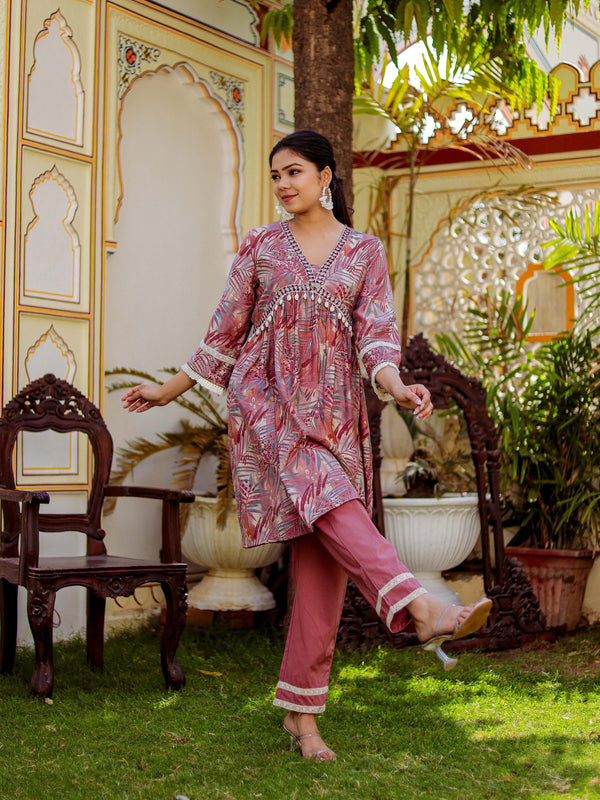 Alia cut Cord set with ebmroidered lace border & solid bottom with lace