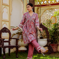 Alia cut Cord set with ebmroidered lace border & solid bottom with lace